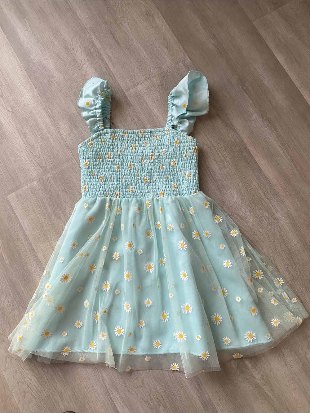 "Daisy Print Mesh Tiered Girl's Dress"
